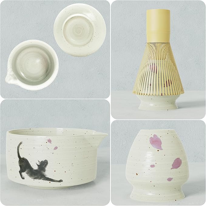 Complete 8-Piece matcha set – Cute Cat Print matcha bowl and whisk, Bamboo Accessories & Premium matcha tools for Home Tea Rituals, Mindful Gift for Tea Lovers