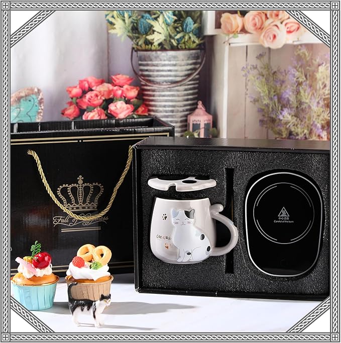 Honeydak Coffee Mug Warmer Cute Cat Mug Set Cup Warmer for Desk for Women Heated Coffee Warmer for Mom Home Office Christmas Birthday Gifts(Gray)