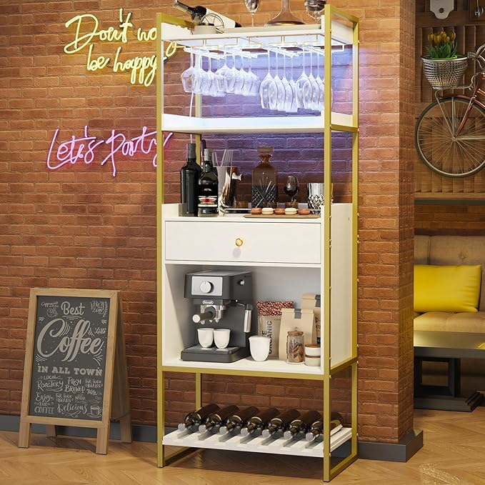 Wine Bar Cabinet with LED Lights, Industrial 67" Tall Coffee Bar with Glass Rack, Liquor Cabinet Wine Rack Storage Metal Wood Sideboard Buffet for Home Dining Living Room, White & Gold