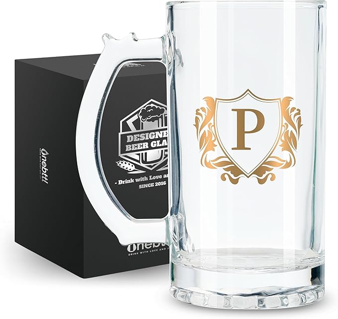 Onebttl Personalized Beer Gifts for Men Beer Lovers - 17 oz Heavy Beer Stein Mug with Handle for Boss as Birthday Christmas Gift - P