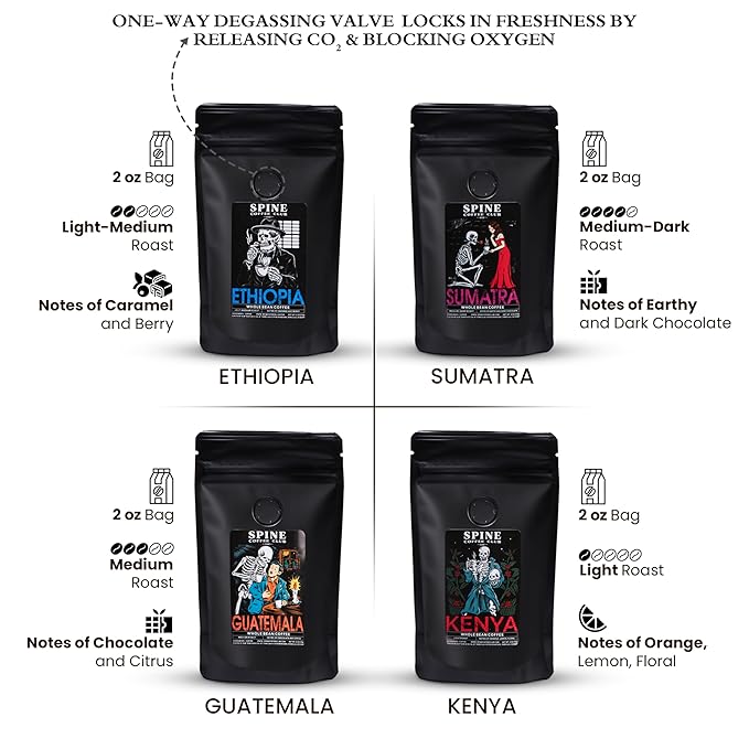 Spine Coffee Club LLC 4-Pack Gourmet Coffee Sampler Gift Box Set with Ethiopia, Sumatra, Guatemala, Kenya Single Origin Selection - Whole Bean