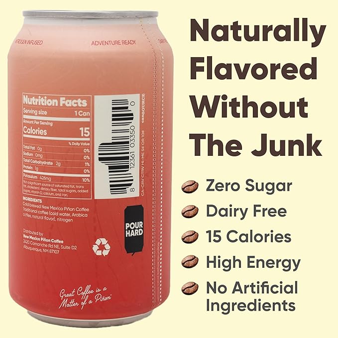 New Mexico Piñon Nitro Cold Brew Coffee Drink - Smooth Nutty Taste, High Energy Nitrogen Infused Classic Black Coffee Cans 12oz - Natural Flavor Zero Sugar & Dairy Free - 12 Pack