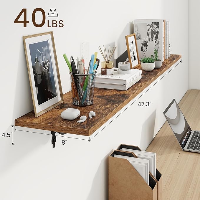 RICHFOCUS Floating Shelves for Wall Decor, 47.3W x 8D Shelves Set of 2, 8 Inch Deep Rustic Wood Shelf Wall Mounted with Brackets, Long Shelves for Living Room Bedroom Kitchen, Rustic Brown