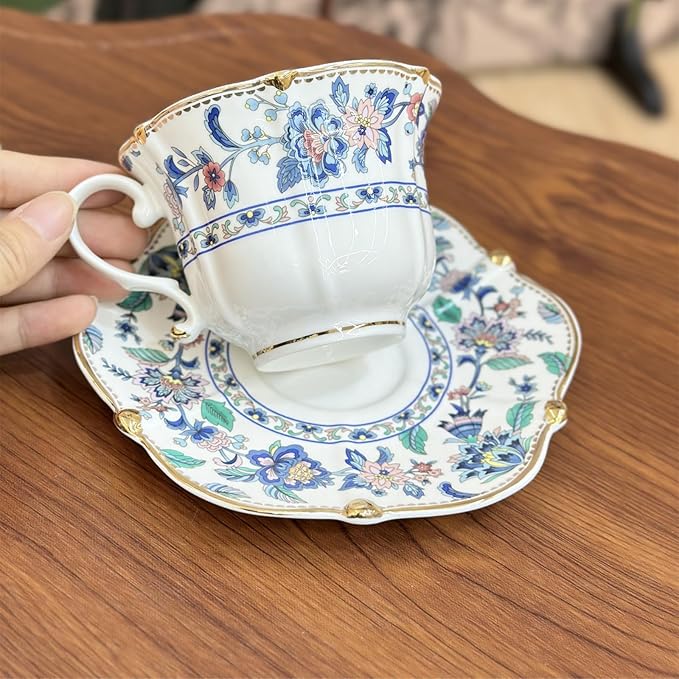 Floral Ceramic Cup Bone China Tea Cup and Saucer Set 6.8 Oz Gold Trim Vintage Style Porcelain Coffee Cup for Home Kitchen Office, Style 1