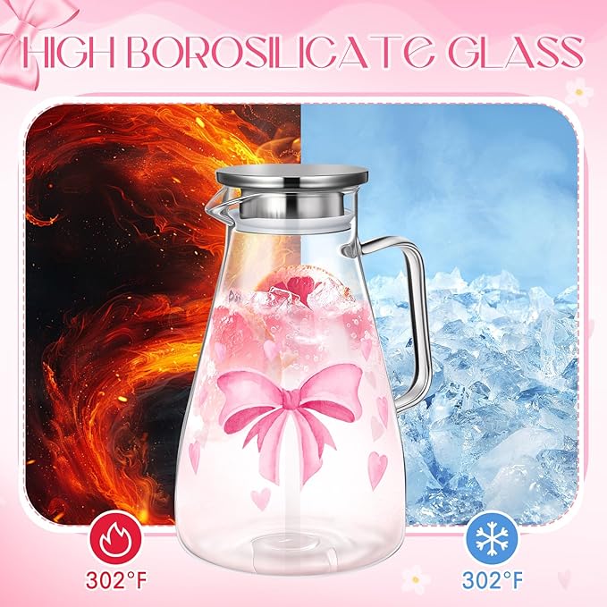 Domensi 74 oz / 2200 ml Glass Pitcher with Lid Water Pitcher with Handles Beverage Water Jar Glass Jug Hot and Cold Resistant Carafe for Tea Juice Milk Coffee Iced Beverage (Pink Bow)