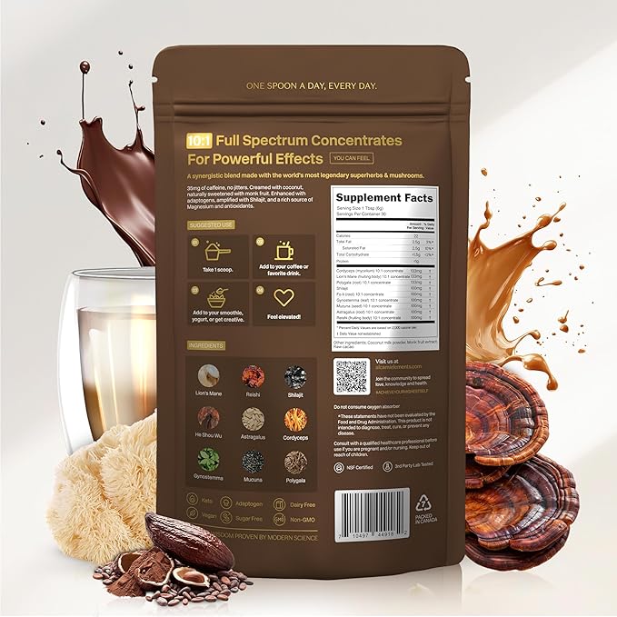 Cacao Mushroom Coffee Superfood Blend, 10X Concentrated Extract, with Lion's Mane, Reishi & Cordyceps, Energy & Focus Support, 30 Servings, Premium Supplement Powder