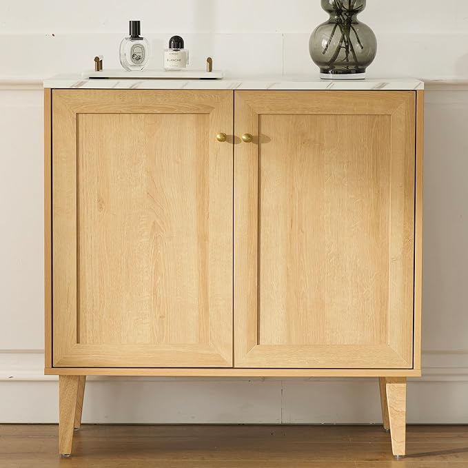 Modern Storage Cabinet Freestanding Accent Cabinet Sideboard Buffet with Faux Marble Top & Adjustable Shelves Wooden Organizer for Dining Room, Living Room Entryway Natural Oak