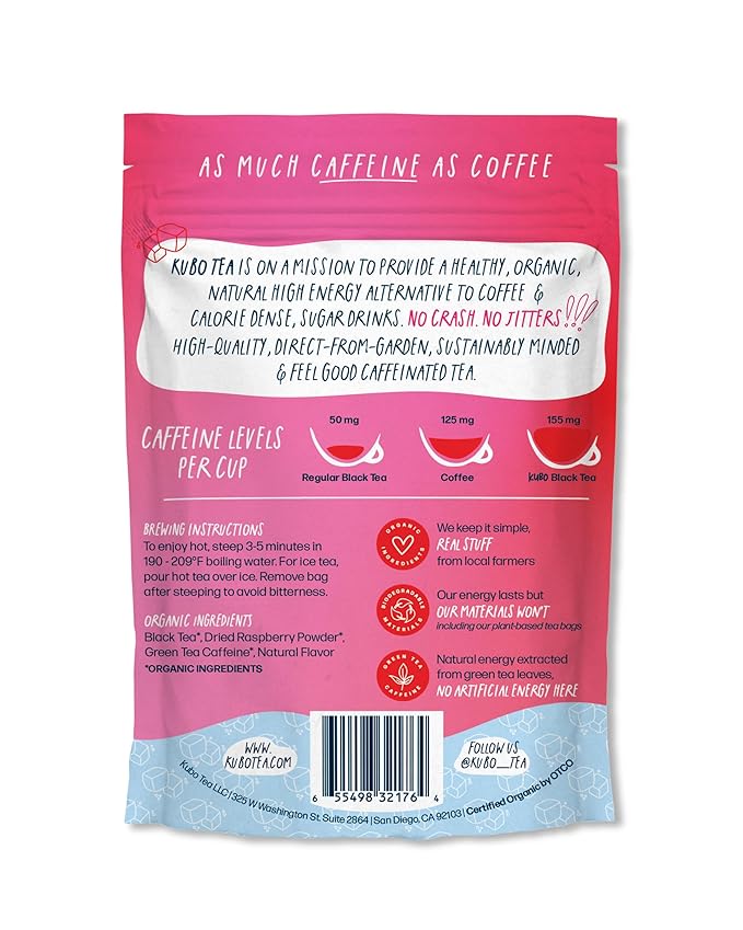 High Caffeine Iced Tea (155 mg) - Kubo Tea: Organic Raspberry Black Tea Bags for Clean Energy & Focus | Healthy Coffee Substitute | High Energy Iced Blend | 20 Ct | Compostable Packaging