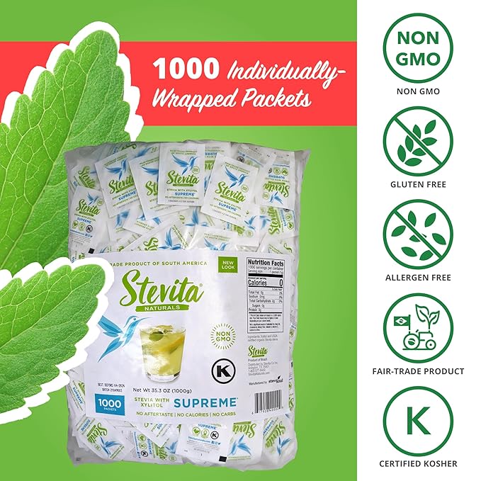 Stevita Stevia with Xylitol Supreme - 1000 Packets - All-Natural Sweetener, No Calories - Non-GMO, Vegan, Kosher, Keto, Paleo, Gluten Free, Erythritol-free - 1000 Servings