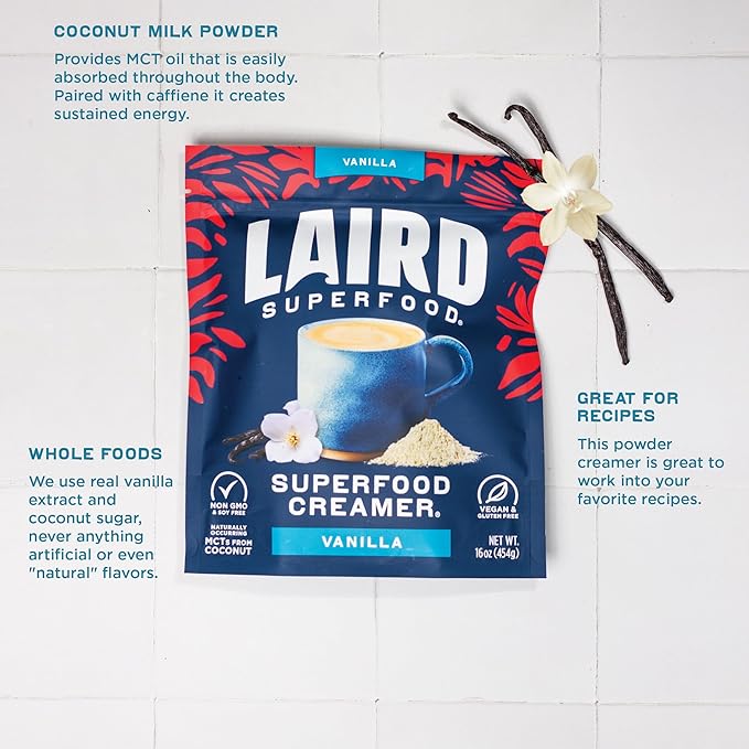 Laird Superfood Non-Dairy Original Superfood Vanilla Coconut Powder Coffee Creamer, Gluten Free, Non-GMO, Vegan, 16 oz. Bag, Pack of 1