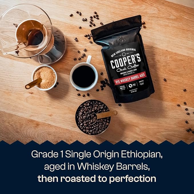 Rye Whiskey Barrel Aged Coffee, Single-Origin Ethiopian Beans Aged in Rye Whiskey Barrels, Medium Light Roast Whole Bean, 2 lb