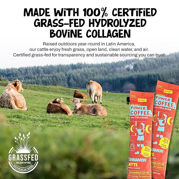 Projo* Power Coffee – Instant Coffee with 11g Protein – Grass-Fed Hydrolyzed Bovine Collagen & 175mg Caffeine – Cinnamon Latte Flavor – Organic – Energy Support – 12 Single-Serve Packets