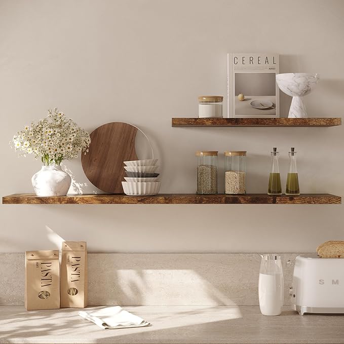 Wall Shelf Set of 1, Rustic Brown Floating Shelves 36 in W x 10 in D x 1 in H, Wooden Floating Wall Shelf with Invisible Brackets for Living Room/Bedroom/Bathroom/Kitchen Storage and Decor