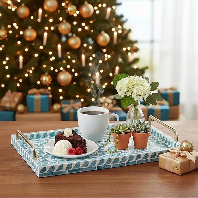 PEMAR Capiz Shell Decorative Tray with Gold Handles – 15.7"x11.8" Rectangular Display & Serving Tray for Vanity, Dresser, Bathroom (Teal Floral)