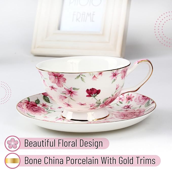 BTaT- Tea Cups and Saucers, Set of 6, 8 oz, Floral Design, Porcelain Tea Cup Sets, Dishwasher Safe