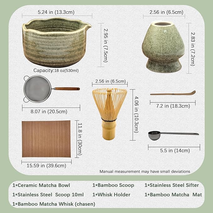 Matcha Whisk Set, 7 Pcs Matcha Kit with Spouted Bowl, Sifter and Whisk Holder. Complete Macha Whisk Set Making Kit includes ceremonial Japanese traditional Bamboo whisk (Chasen) for Matcha Lover
