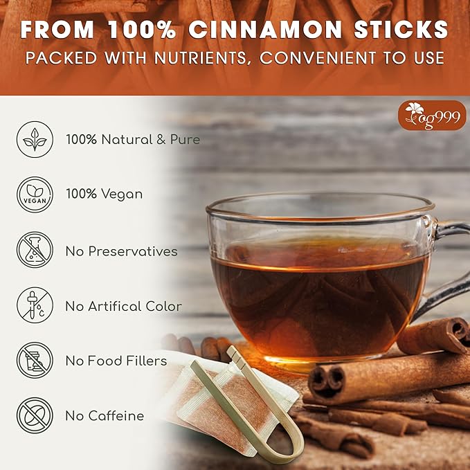 TOG999, Premium 135 Tea Bags - Special Cinnamon Tea, 100% Natural & Pure. Cinnamon Stick Herbal Spice Tea. No Sugar, No Caffeine, No Gluten, Vegan.