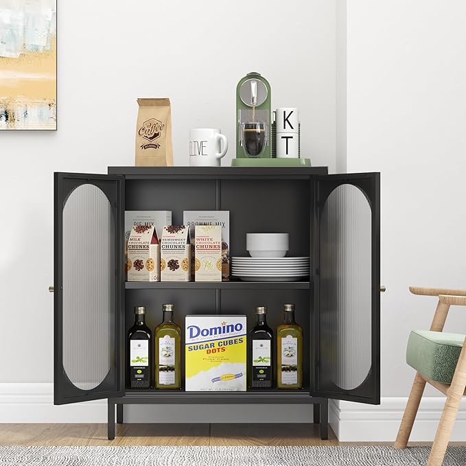 Small 2 Transparent Door Metal Storage Side Buffet Cabinet for Bed Room,Living Room,Entryway,Hallway,Home,Hotel,Office,Garage,Kitchen,1 Removable Shelf. (Transparent Door, Black)