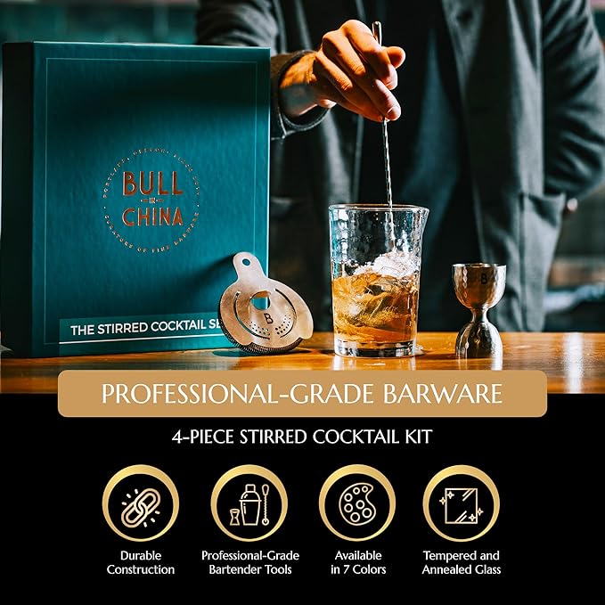 4 Piece Cocktail Kit by Bull In China - Premium Bartender Gift Set Includes Flagship Mixing Glass, 12 inch Barspoon, Bell Jigger & Hawthorne Strainer For Professional & Home Bars (Copper)