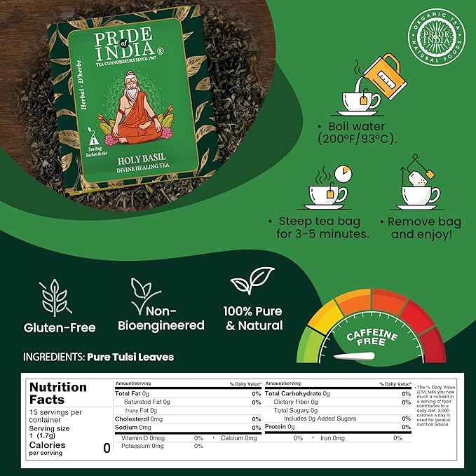 Pride Of India - Natural Holy Basil (Divine Healing Tea), PACK of 1-15 Tea Bags