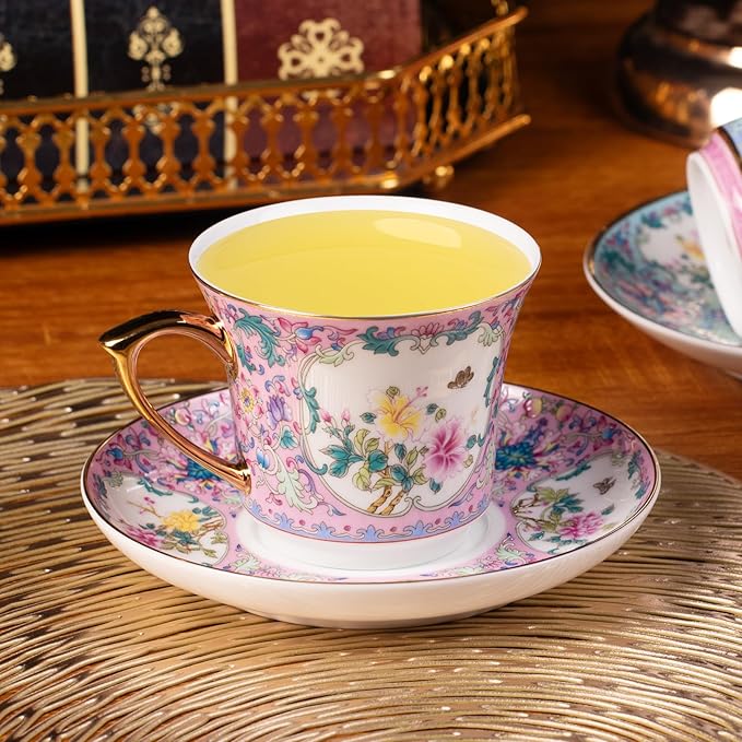 KAMMAK Tea Cups and Saucers Set of 2, Porcelain Coffee Cups with Saucer for Espresso, Cappuccino, 8oz Vintage Pink and Blue Ceramic Demitasse Mug for Home, Tea Party, Office