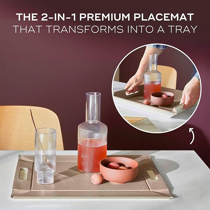 PLACEsMAT 2-in-1 Faux Leather Placemat & Serving Tray | Reversible Design, Lays Flat & Easy to Clean | Ottoman Food Tray, Perfect Housewarming Gift, 18” x 14” (Taupe & White, Single)