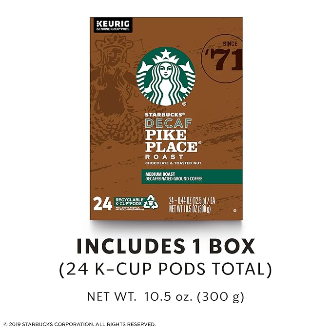 Starbucks Decaf K-Cup Coffee Pods — Pike Place Roast for Keurig Brewers — 1 box (24 pods)