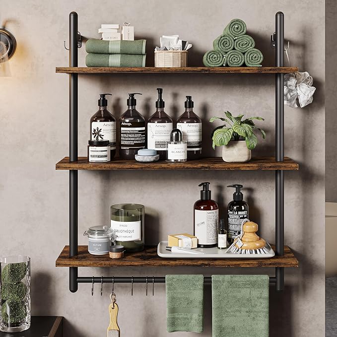 Bestier 3 Tier Industrial Pipe Shelving, Floating Book Shelves for Wall, Storage Hanging Shelves with Towel Bar for Bathroom Organizer Bedroom Kitchen Plants Office. 31.5 Inch Rustic Brown