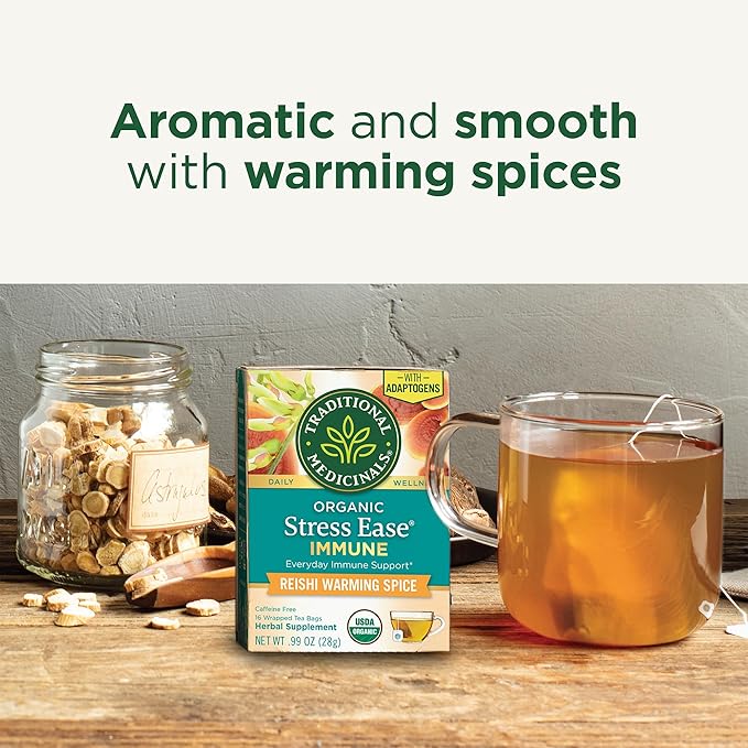 Traditional Medicinals Tea, Organic Stress Ease Immune with Adaptogens, Everyday Immune Support, Reishi Warming Spice, 96 Tea Bags