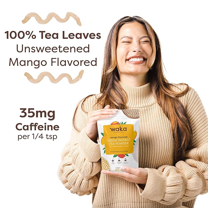 Waka Instant Green Tea Mix, Mango Flavored - 100% Tea Leaves, No Additives, Unsweetened Tea Powder in Bulk Pouch – Easy Quick Hot and Iced Teas, Up to 200 Cups (4.5oz)