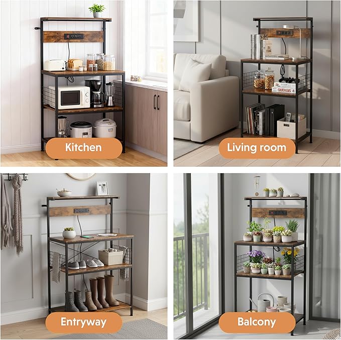 Simple Deluxe Kitchen Bakers Rack with Power Outlet, Coffee Bar Accessories Table, 4-Tier Adjustable Storage Shelf for Spices, Freestanding Appliance Organizer, 23.6 Inch, Rustic Brown