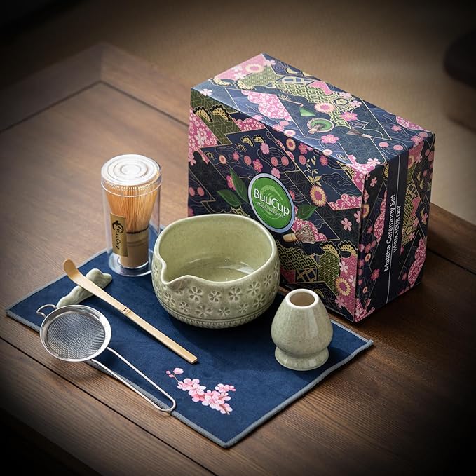 Matcha Whisk Set, Ceramic Matcha Kit Set Includes Matcha Bowl, Matcha Whisk and Holder, Bamboo Scoop, Scoop Rest, Sifter and Tea Towel - 7 Pcs Matcha Kit for Matcha Lovers (Mottled Green)