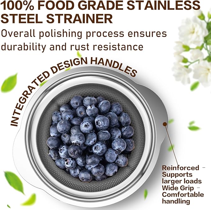 Stainless Steel Colander for Kitchen, Stainless Steel Strainer, Pasta Strainer for Spaghetti Fruit Vegetable Cooking Food, 3 Pcs Strainers and Colanders(2QT, 3QT, 5QT), Dishwasher Safe, Christmas Gift