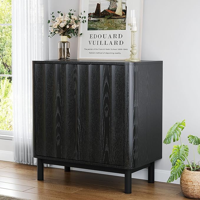 Wave Fluted Buffet Cabinet,30'' Tall Sideboard Storage with 2 Doors & Adjustable Shelves for Dinning Room, Kitchen, Living Room,Coffee Bar (29''W-Black)