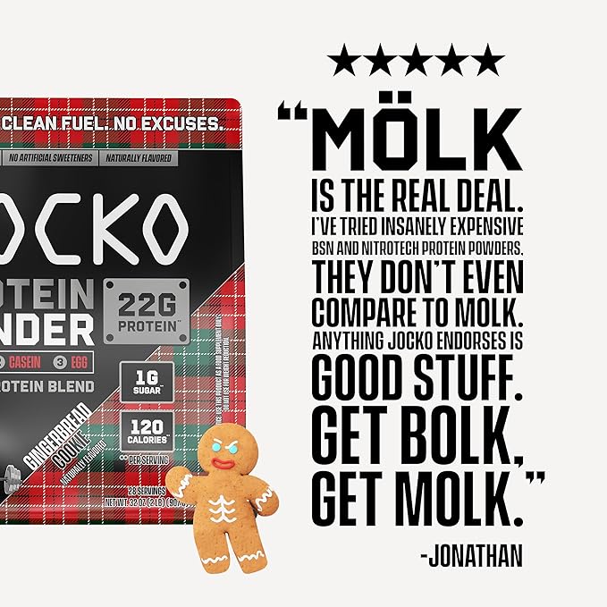 Jocko Mölk Whey Protein Powder - Keto, Probiotics, Grass Fed, Digestive Enzymes, Amino Acids, Low Sugar Monk Fruit Blend - Muscle Recovery & Growth (31 Servings (Pack of 1), Gingerbread Cookie)