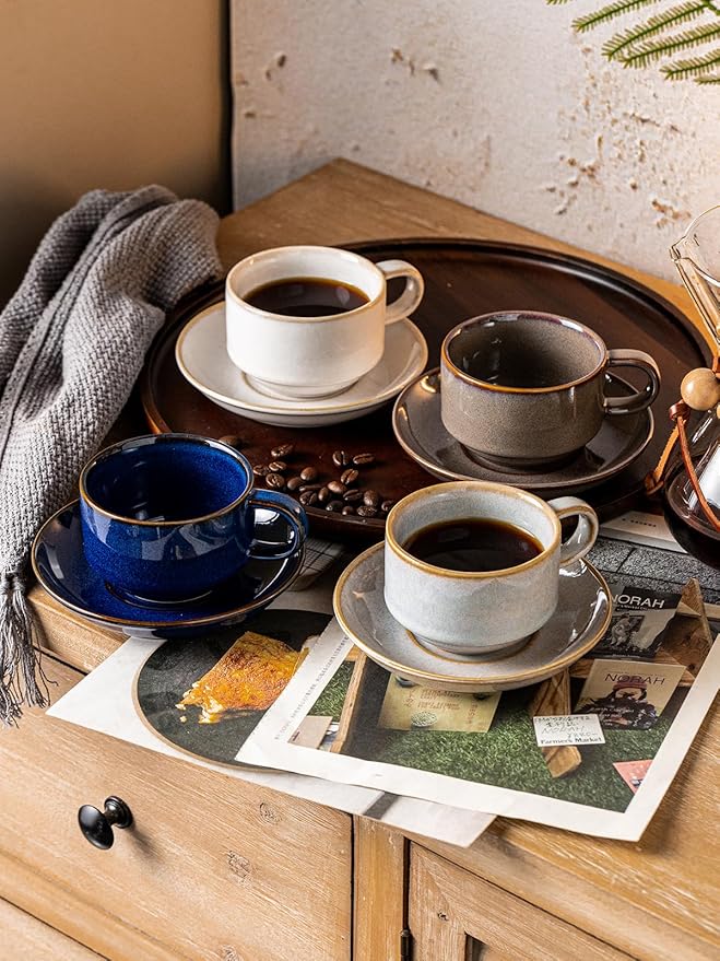 Gomakren 6 Ounce Cappuccino Cups with Saucers and Metal Stand, Stackable Coffee Cup Set of 4, Christmas Porcelain Espresso Cups for Coffee Drinks, Cappuccino, Latte, Americano, Tea, Cobalt Blue