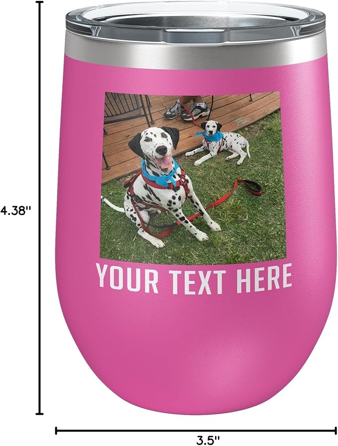 Personalized Mothers Day 12oz Photo Printed Insulated Stainless Steel Powder Coated Stemless Wine Tumbler with Lid, Customized Mum Gift Idea for Women Her, Custom Mom Coach Gifts Team (Pink)