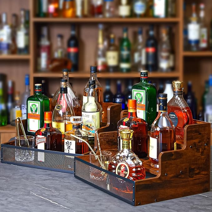 2 Pack 3 Step Countertop Liquor Bottle Display Shelf, Wood Bar Shelves 12 Bottles with Fences, Freestanding Storage Shelves for Liquor Whiskey Wine Coffee Syrup Display, Retro Wine Rack Home