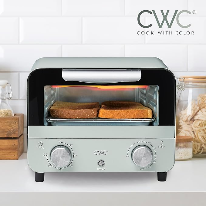 COOK WITH COLOR Mini Toaster Oven: 600W Power, Precision Timer, Auto Shutoff, and Culinary Delights Up To 450 Degrees, Sage