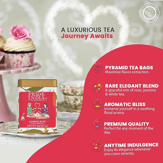 Pride of India | PACK of 2 - Jasmine Rose Royal White Tea | 15 Pyramid Full Leaf Individually Wrapped Tea Bags | Smooth & Sweet Flavor | Soothing & Calming Experience | Less Caffeine