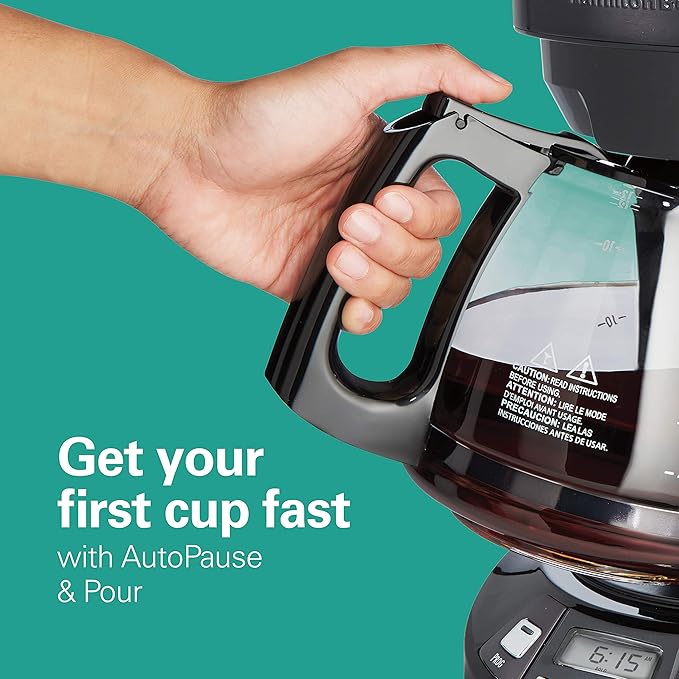 Hamilton Beach 12 Cup Programmable Drip Coffee Maker with 3 Brew Options, Glass Carafe, Auto Pause and Pour, Black Stainless (46293)