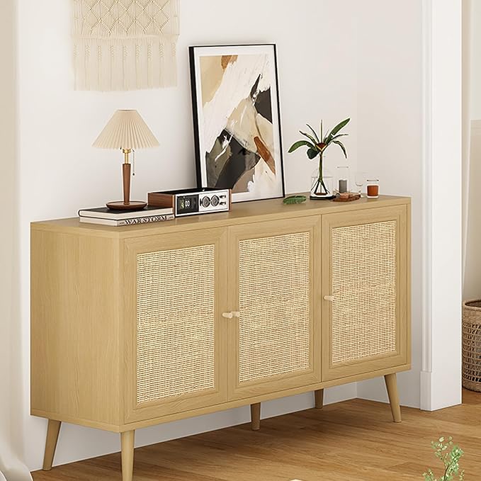 47.2" Buffet Cabinet with Storage Accent Sideboard, Modern Kitchen Cabinet with Rattan Doors, Wood Coffee Bar Table Console for Kitchen Living Room Entryway, Khaki
