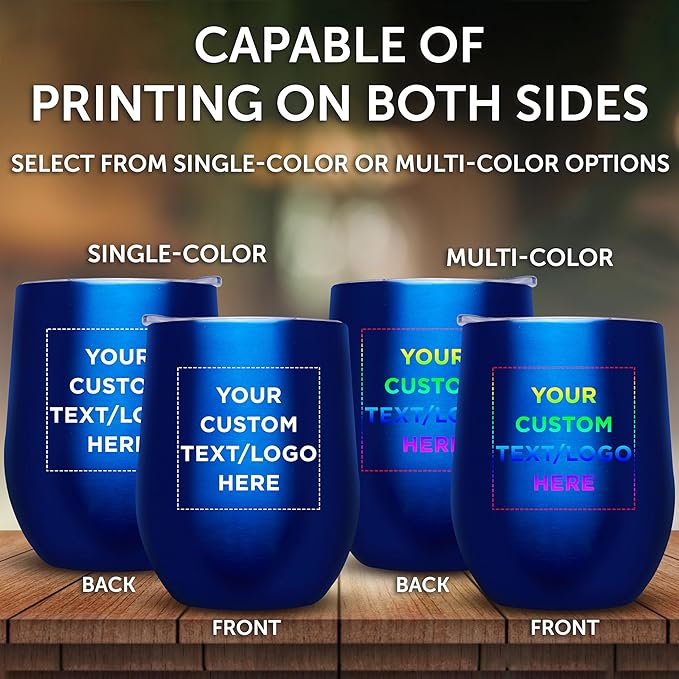 Custom Stemless Wine Glass Tumblers with Lids by Largo 11 oz. Set of 6, Personalized Bulk Pack - Perfect for Wine, Cocktails, Other Hot & Cold Beverages - Blue