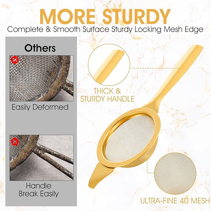 2.2" Gold Matcha Strainer, 30 Fine Mesh Matcha Sifter with Handle and Base, Stainless Steel Small Tea Strainer Fine Mesh, Small Metal Matchas Strainers for Loose Tea Coffee Cocktail