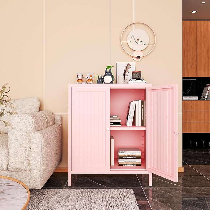 Small 2 Transparent Door Metal Storage Side Buffet Cabinet for Bed Room,Living Room,Entryway,Hallway,Home,Hotel,Office,Garage,Kitchen,1 Removable Shelf. (Striped Door, Pink)