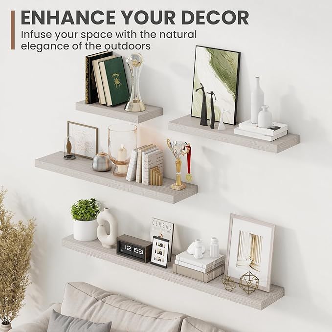 36 Inch Floating Shelves, 8 Inch Deep Floating Shelves for Wall, Hanging Shelf with Invisible Brackets, Deep Shelves for Bathroom, Bedroom, Living Room, Grey, Set of 2
