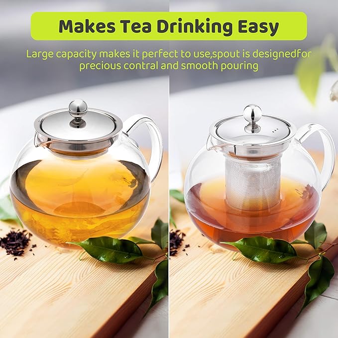 LHS Glass Teapot with Stainless Steel Infuser, Borosilicate Glass Teapot Kettle for Loose Leaf Tea, Blooming Tea, Cold Brew, 1000ml