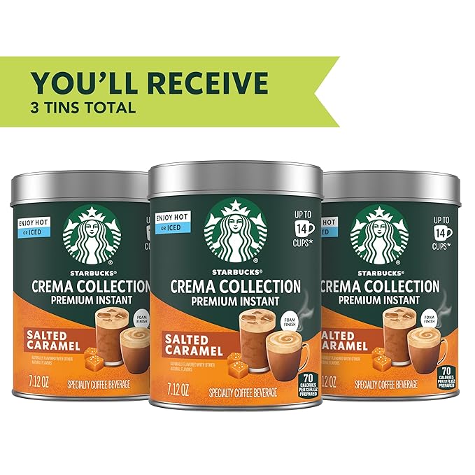Starbucks Crema Collection Premium Instant Salted Caramel Flavored Instant Coffee, 100% Arabica Beans, 3 Tins (7.12 Oz Each)