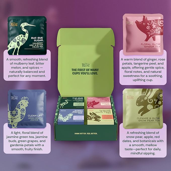 Tea Facto Herbal Tea Sampler Set Depuff Collection with Bitter Melon, Mulberry Leaf, Ginger, Pear & Green Grapes Jasmine - Fancy Tea Sampler Gift Set Box - Natural Fiber, Zero Added Sugar - 40 Count