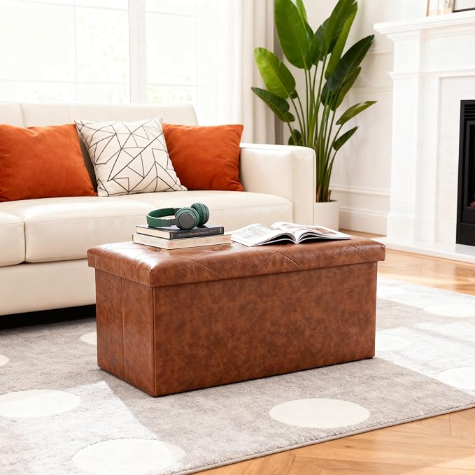 DUMOS 30 Inch Folding Storage Ottoman Bench - Synthetic Leather Footrest Stool with Storage Chest for Living Room & Bedroom, 660 LB Load Capacity, Modern Brown